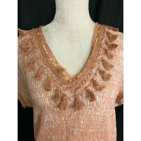 J Crew Peach V Neck Tassel Short sleeve top - Picture 2 of 5